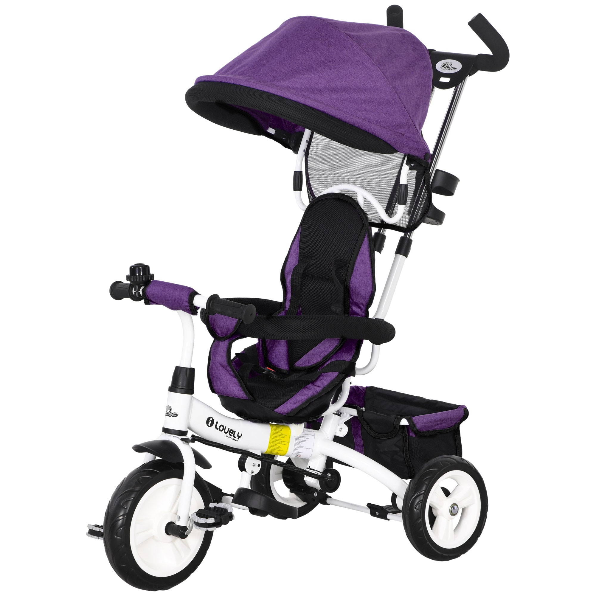 Qaba 4-in-1 Convertible Toddler Tricycle Stroller with Canopy Basket Safety Harness for Kids 12-60 Months Purple 
