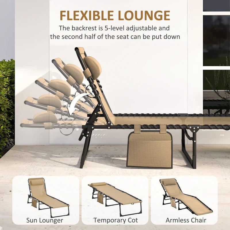 Outdoor Folding Chaise Lounge, Reclining Lounge Chair with Adjustable Backrest and Removable Pillow, Beige