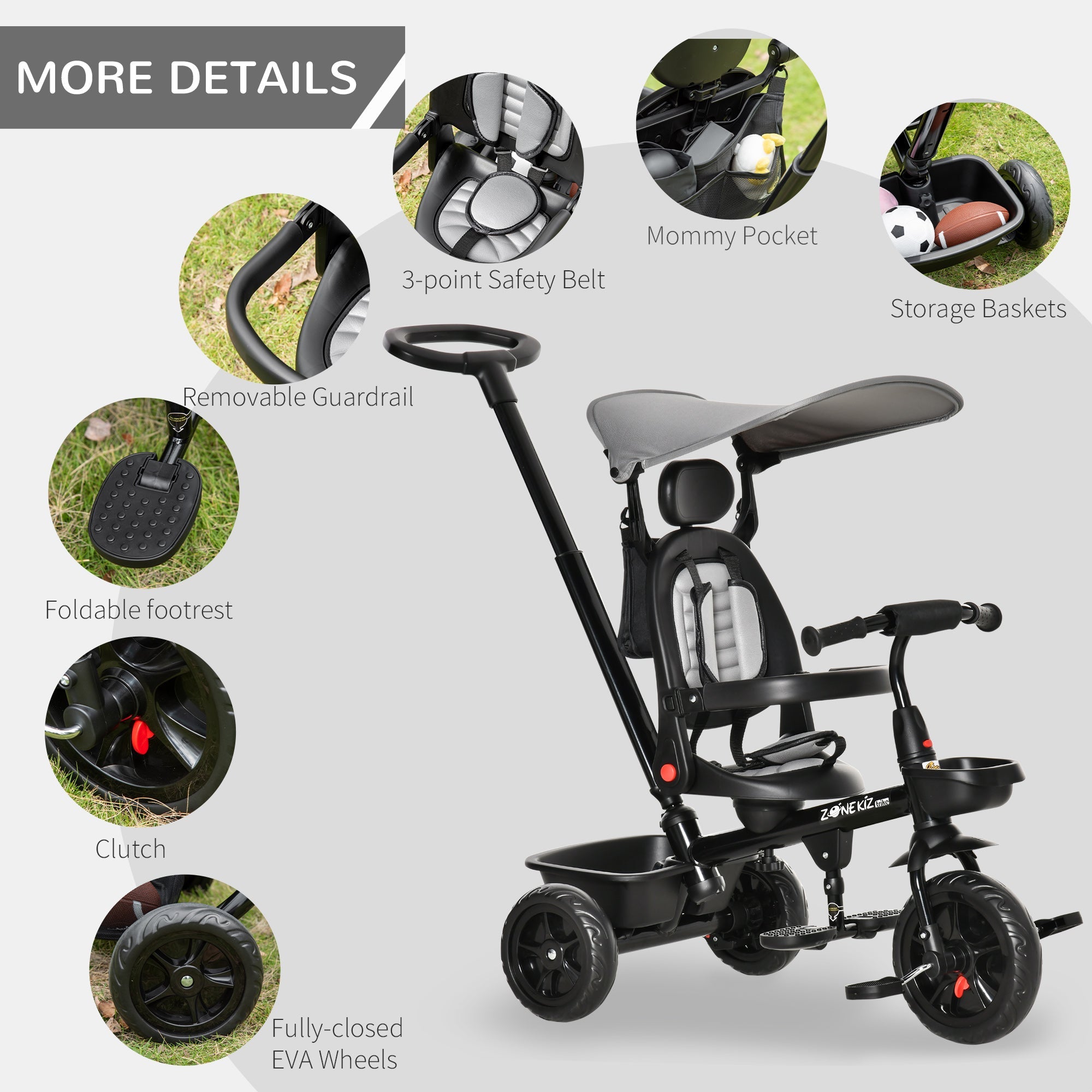 Aosom Qaba Baby Tricycle 4 In 1 Stroller Reversible Seat Adjustable Footrest Brake Clutch Grey 