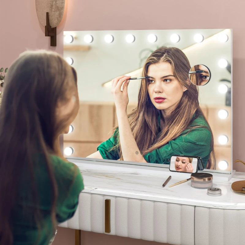 Hollywood Vanity Mirror with Lights, 31.5" x 24.4" Lighted Makeup Mirror with 3 Colour, 10X Magnifying, USB Port, White
