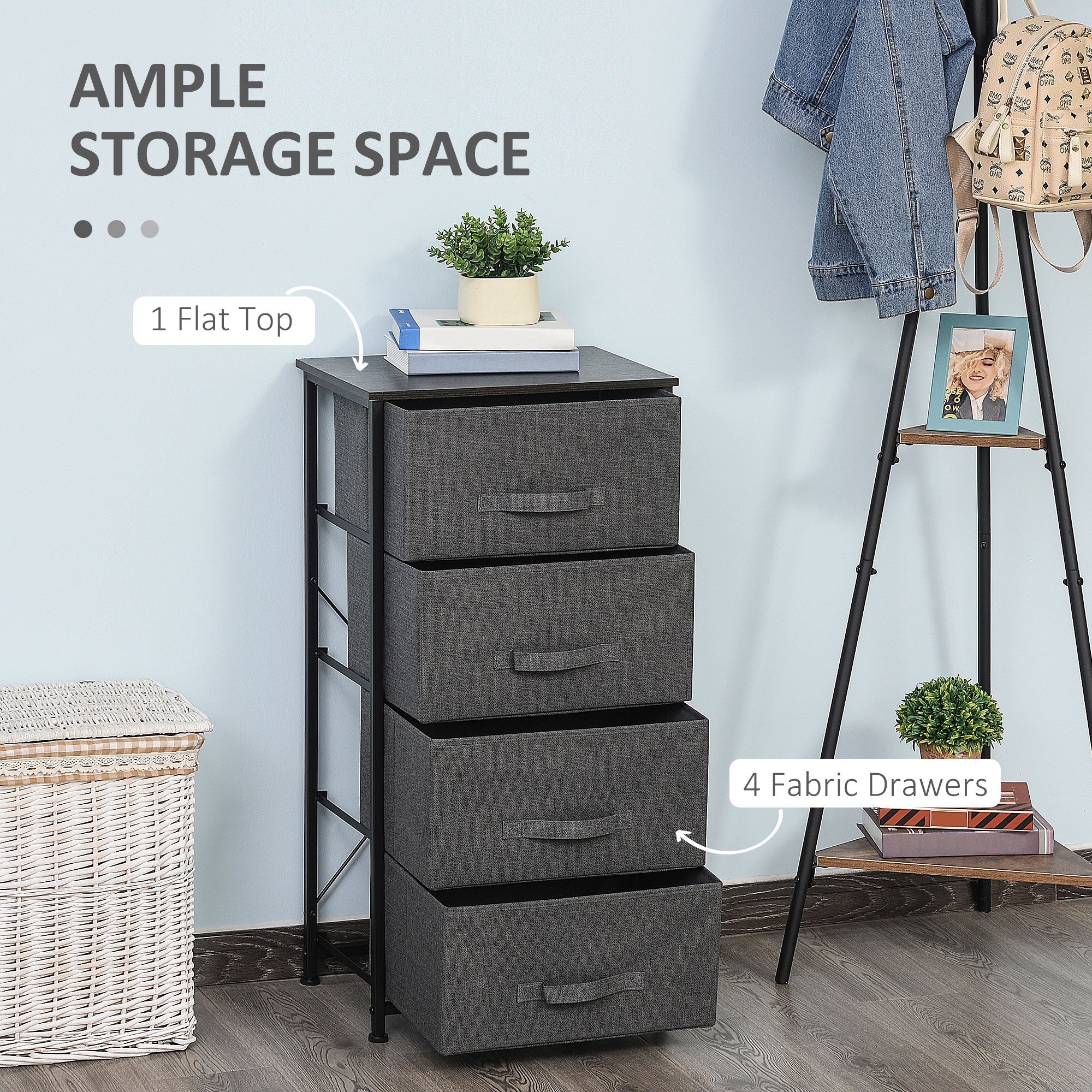 HOMCOM 4-Drawer Linen Storage Tower: Removable Fabric Drawers, Metal Frame, Adjustable Feet, Black 