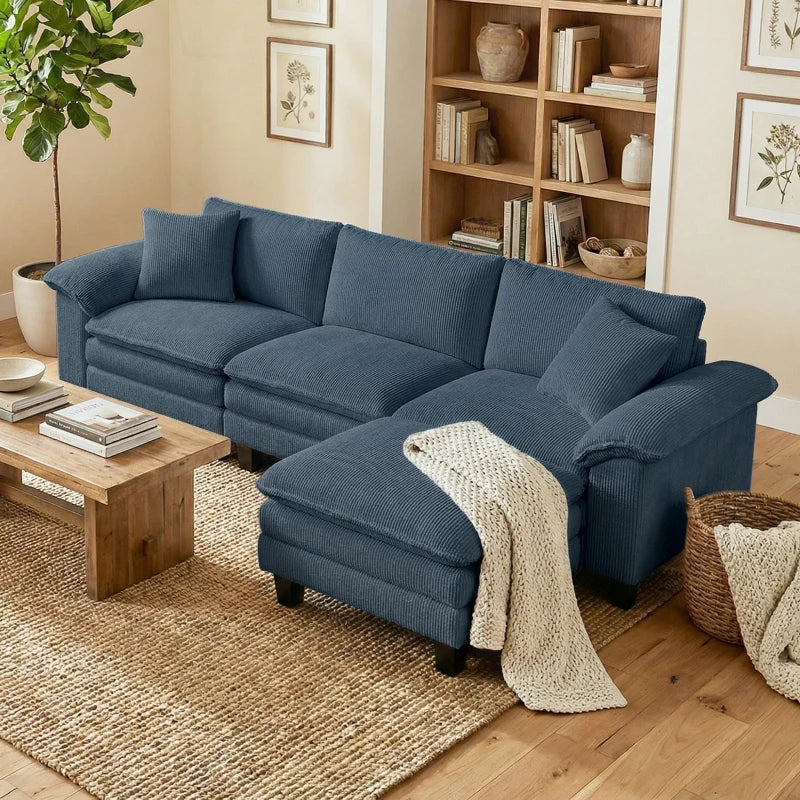 HOMCOM L-Shaped Sectional Sofa with Deep Seats, Movable Ottoman & Pillow-Top Armrests, Contemporary Corduroy Couch – Blue