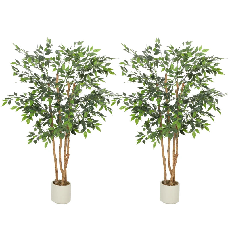 5FT Artificial Banyan Tree Set of 2, Fake Potted Tree with Solid Wood Trunk and Pot for Indoor