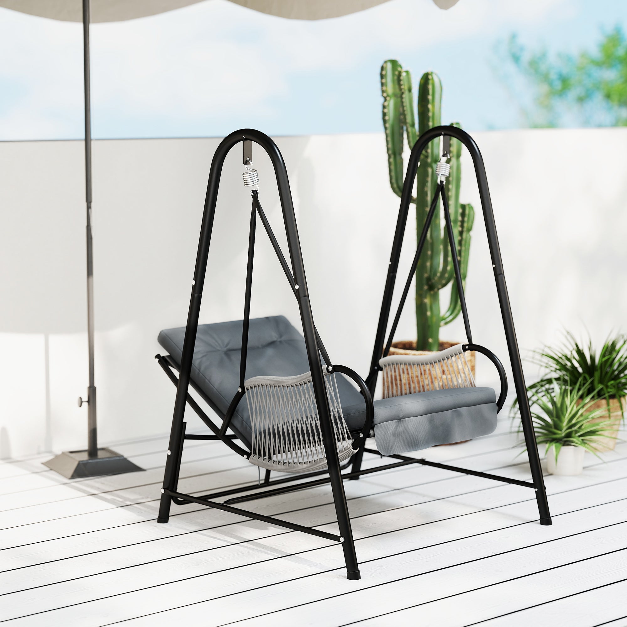 Outsunny Rattan Hammock Chair with Stand Included, Hanging Swing Chair with Stand and Seat Cushion, Light Grey 