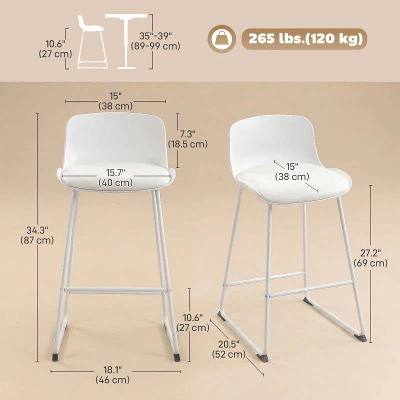 Modern Bar Stools Set of 2, PU Leather Barstools, Counter Height Kitchen Chairs for Breakfast Bars, Dining Room, White