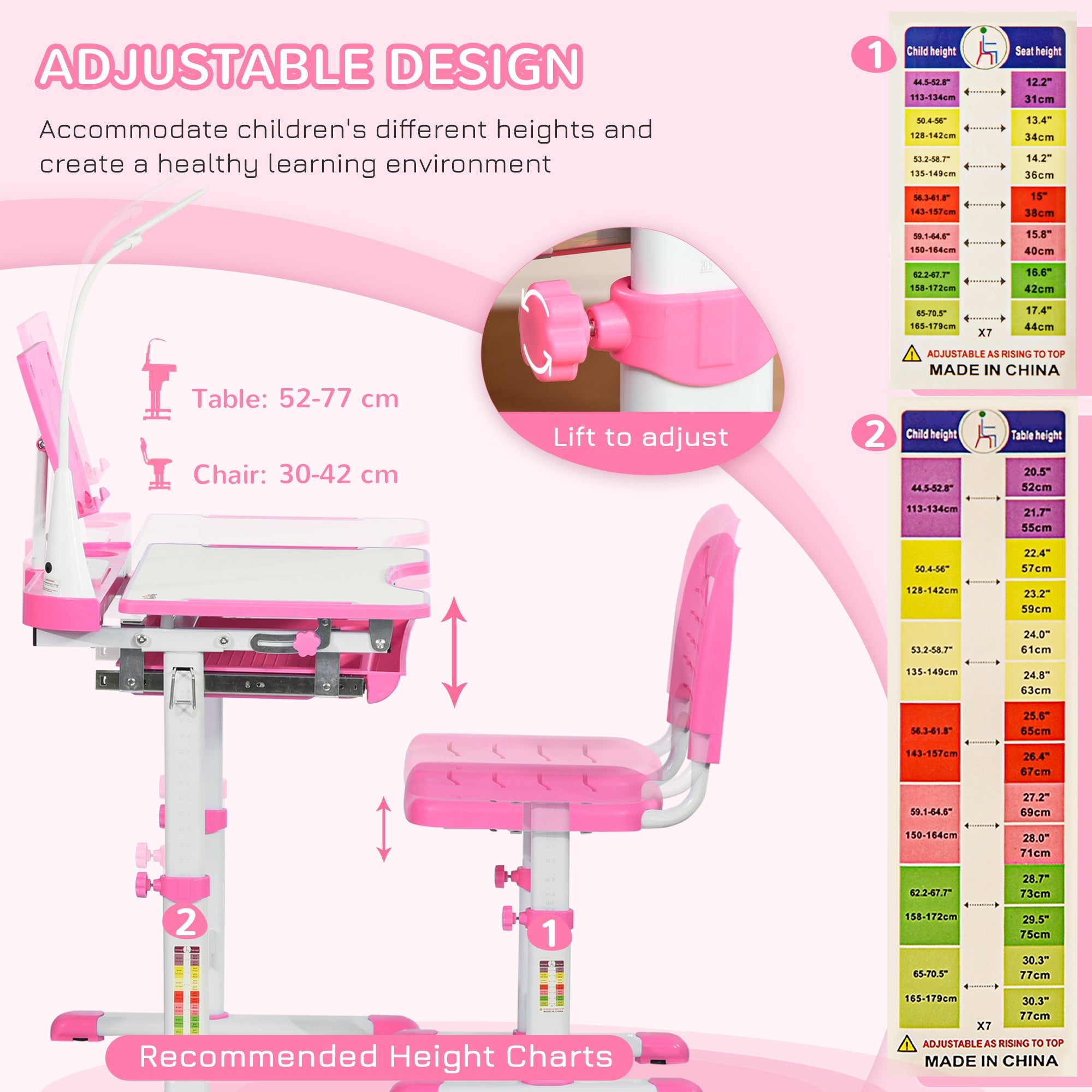 Qaba Adjustable Kids Desk Chair Set with Tilt Desktop LED Lamp Pink for Student Study Comfort 