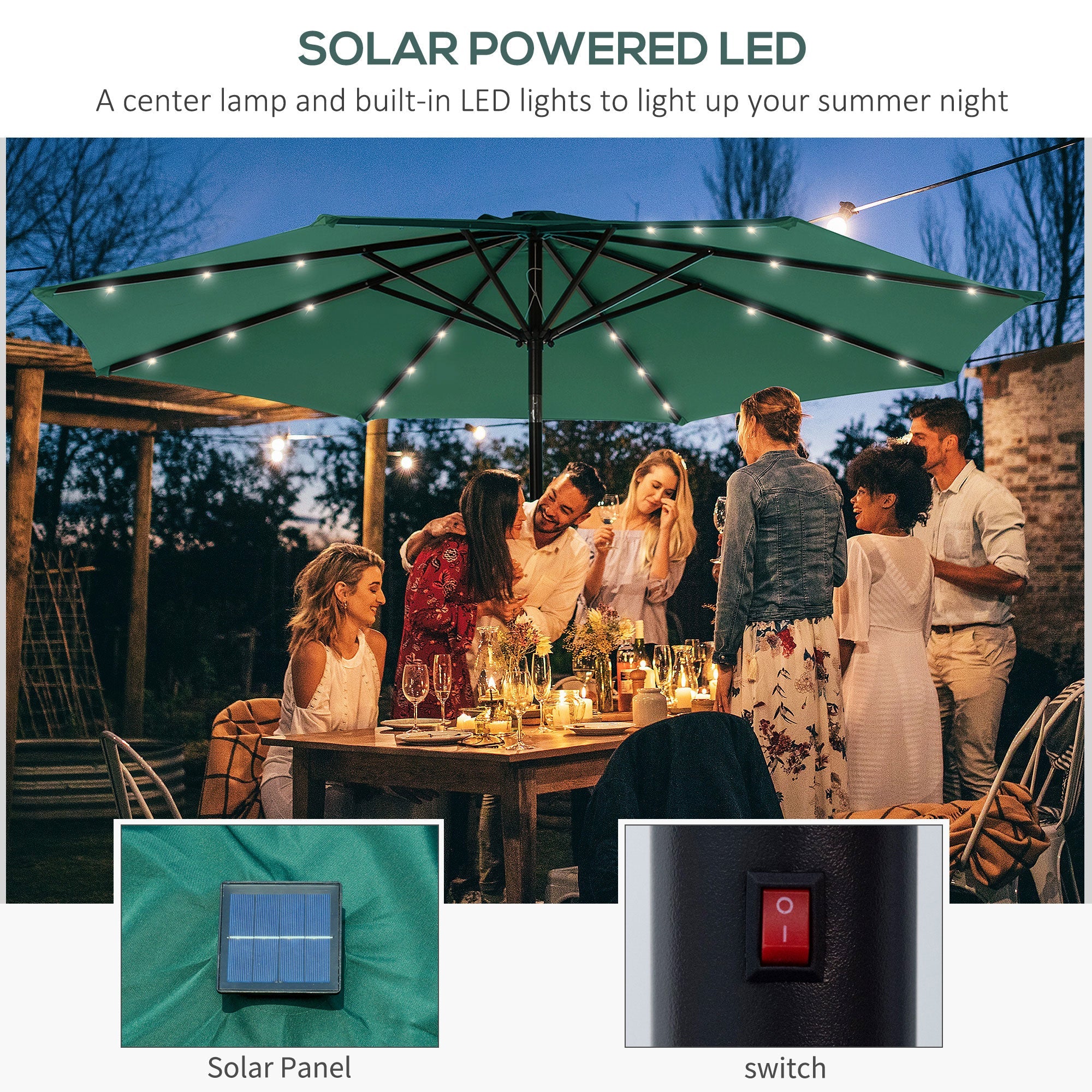 Outsunny 9ft Solar LED Patio Umbrella: Green Crank Tilt Sunshade for Garden, Beach & Outdoor Use 