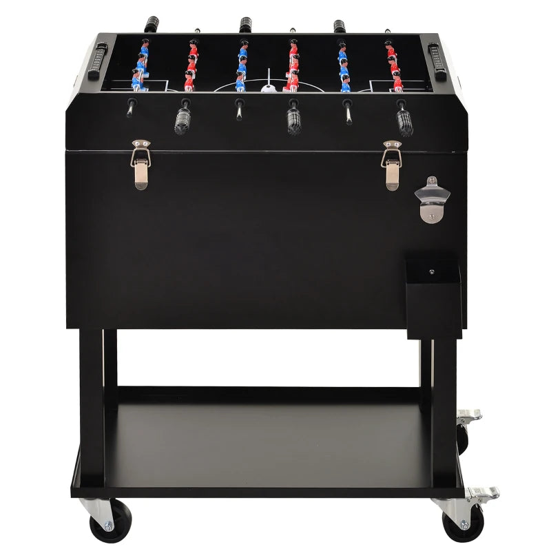 68QT Patio Cooler Ice Chest with Foosball Table Top, Portable Poolside Party Bar Cold Drink Rolling Cart on Wheels with Tray Shelf Black