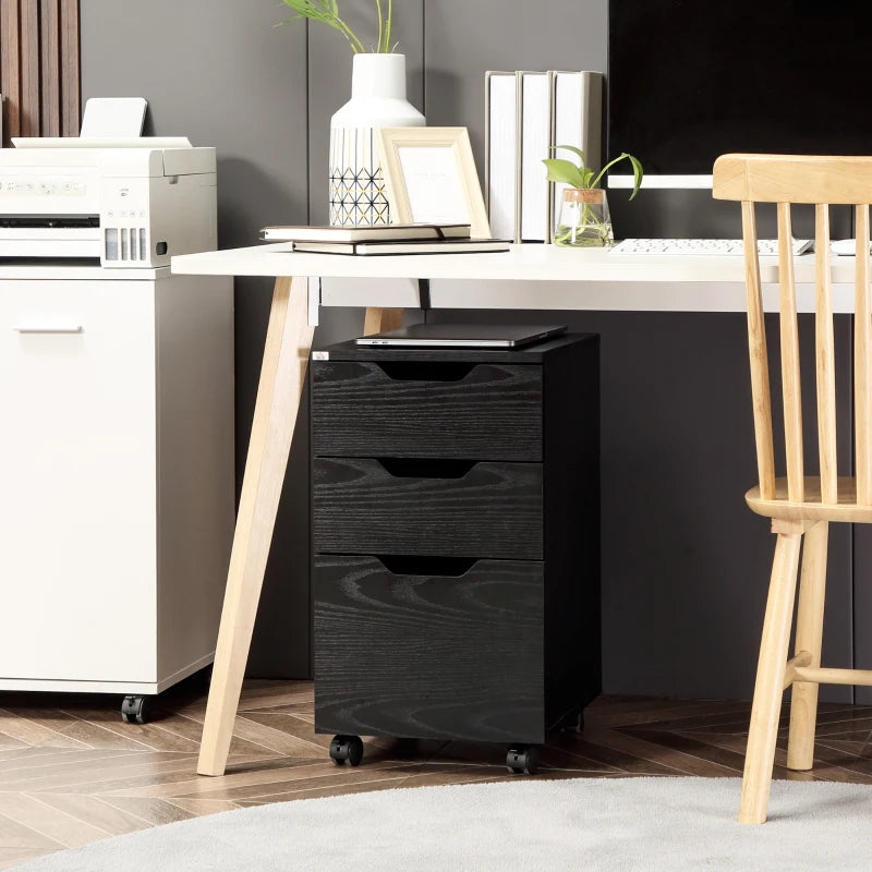 Vertical Filing Cabinet, 3 Drawer Mobile File Cabinet, Under Desk Office Storage Cabinet with Wheels, Black Wood Grain
