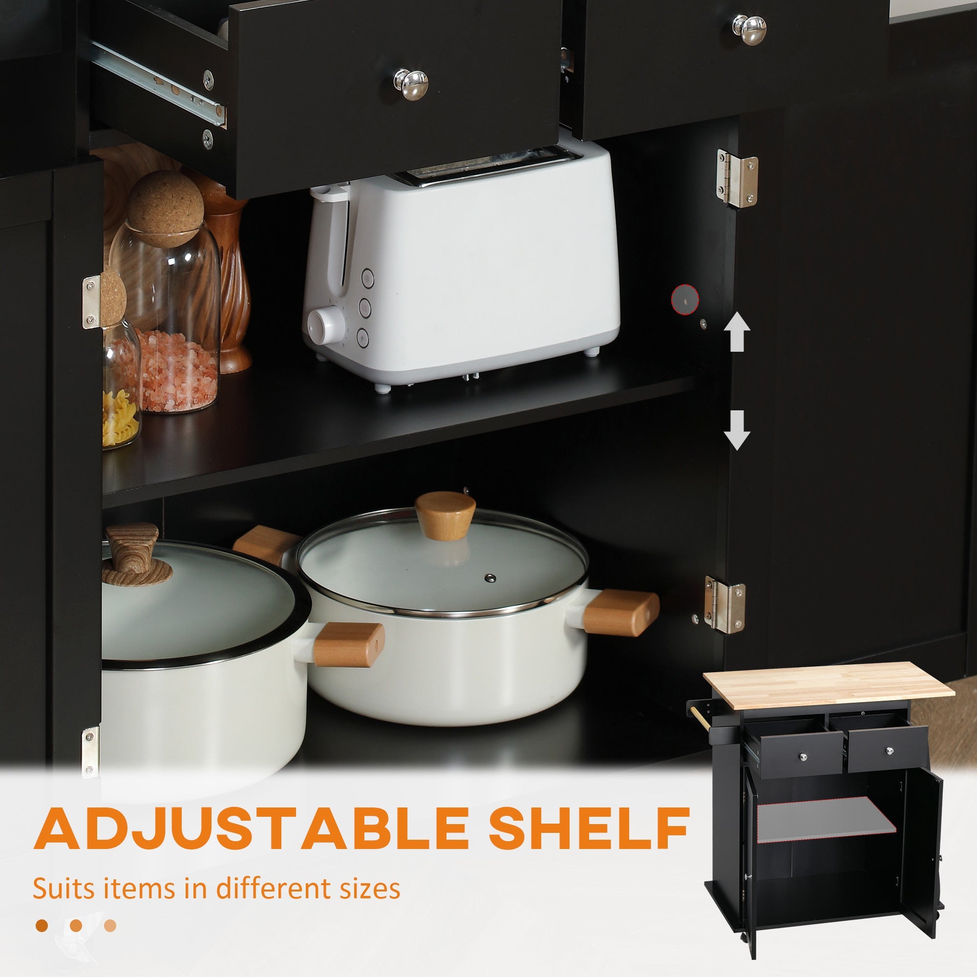 HOMCOM Kitchen Essentials: Rubber Wood Top Trolley Cart, 3-Tier Spice Rack, Towel Bar Storage, Black Finish 