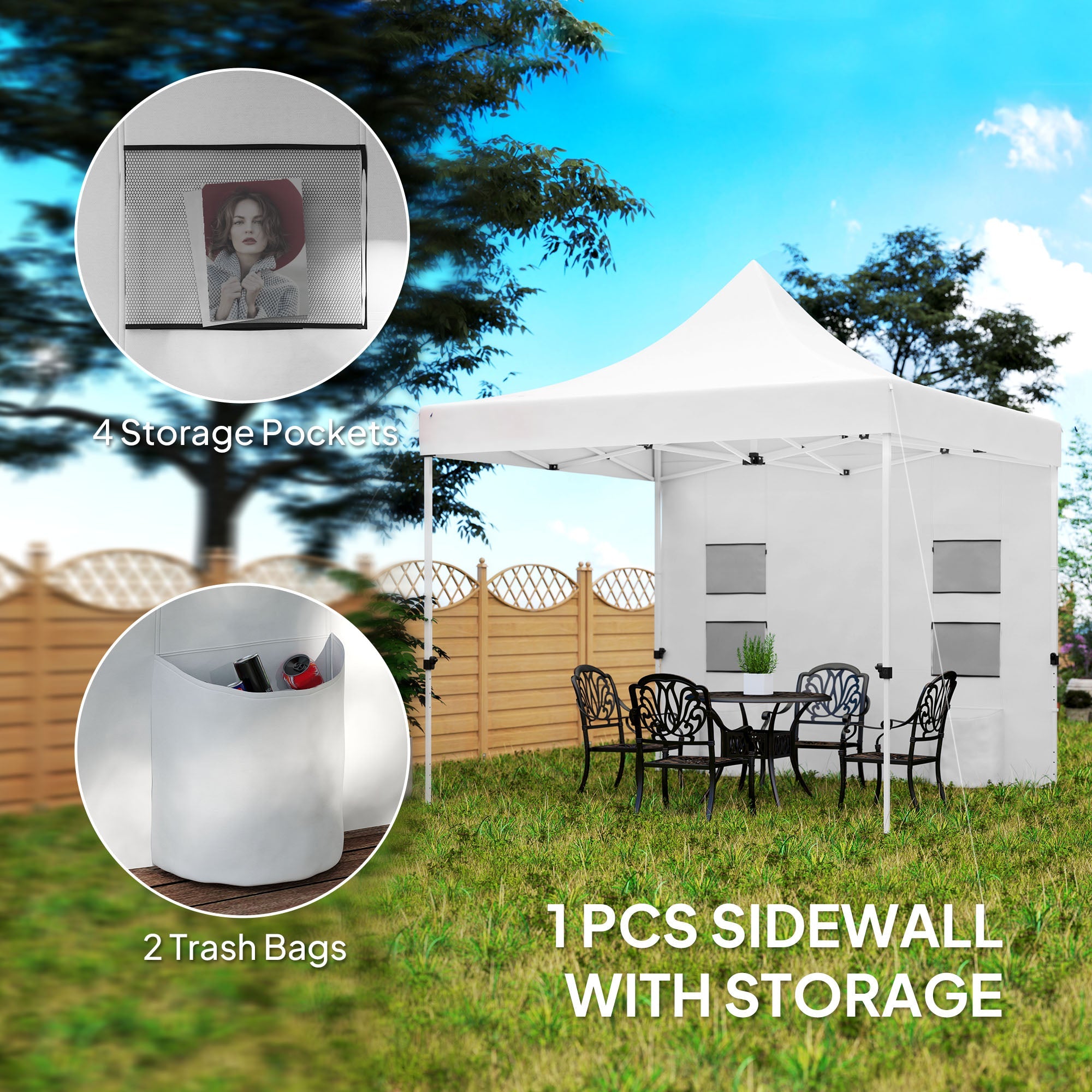 Outsunny 10' x 10' Heavy Duty Pop Up Canopy Tent w/ Sidewall, UPF50+ Instant Sun Shelter w/ Storage Pockets, Wheeled Bag, White 