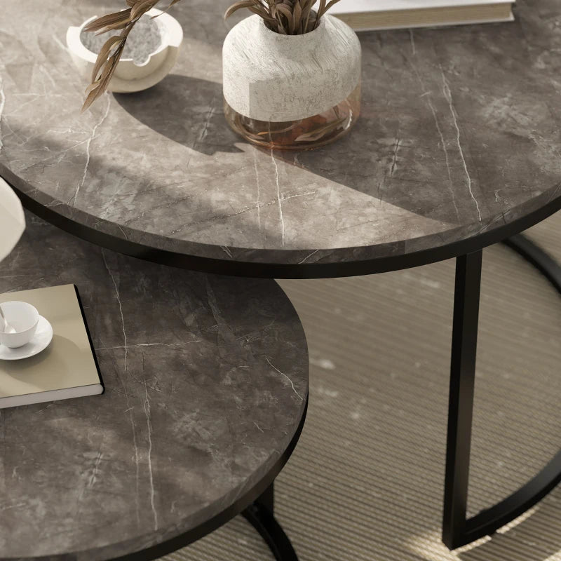 Modern Coffee Table Set of 2, Nesting Side Tables w/ Metal Base for Living Room Bedroom Office Faux Marbled Grey