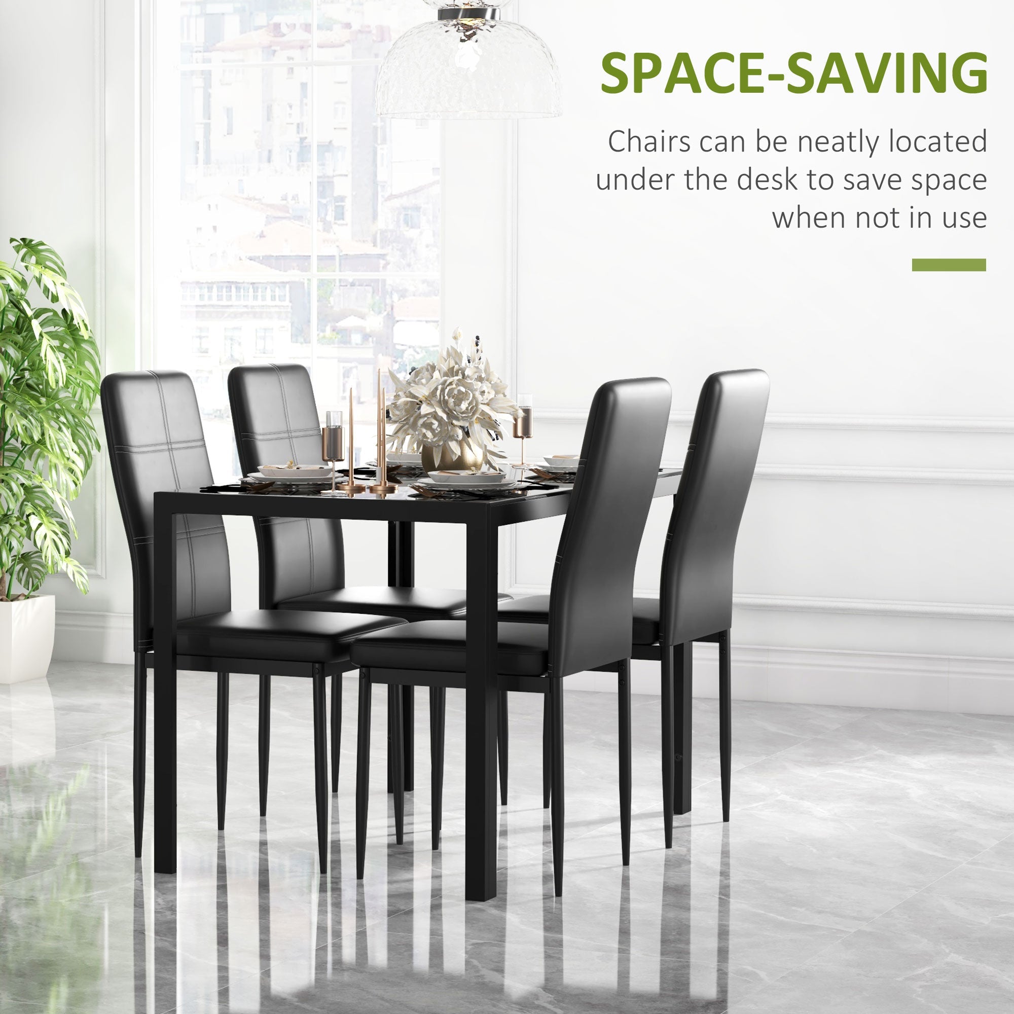HOMCOM 5-Piece Rectangular Glass Dining Table Set for 4 with Metal Frame Faux Leather Chairs Kitchen Furniture Black 