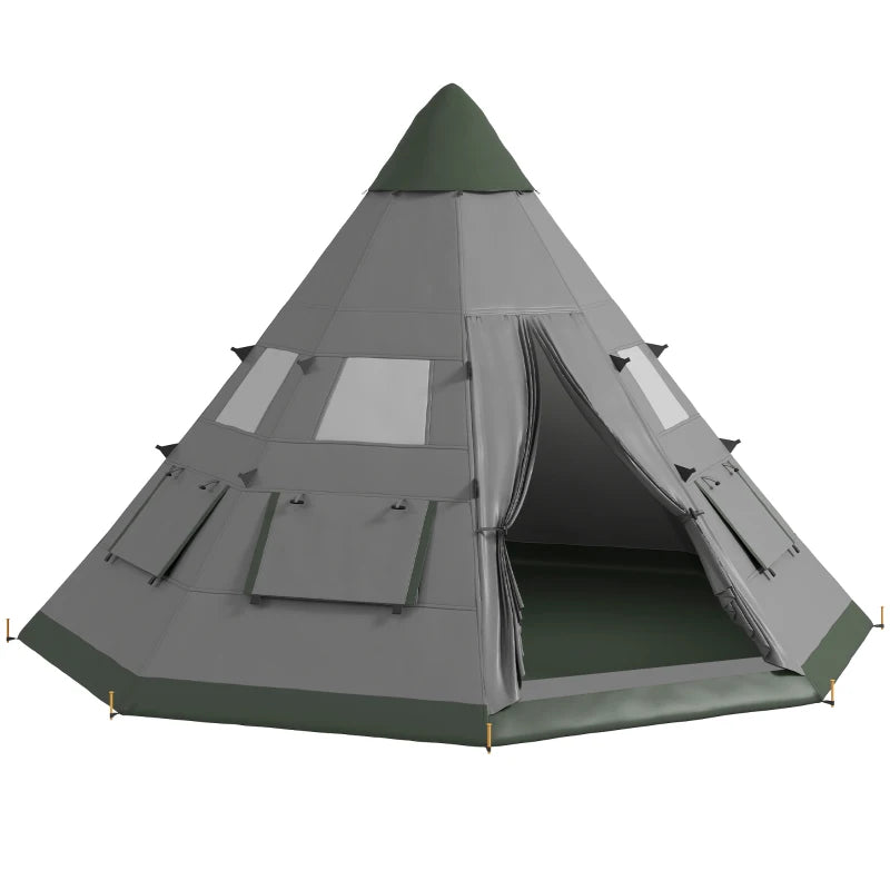 6 People Camping in a Family Teepee Tent with Mesh Windows, Tent Floor, Door and Carry Bag for Hiking, Picnic, Grey