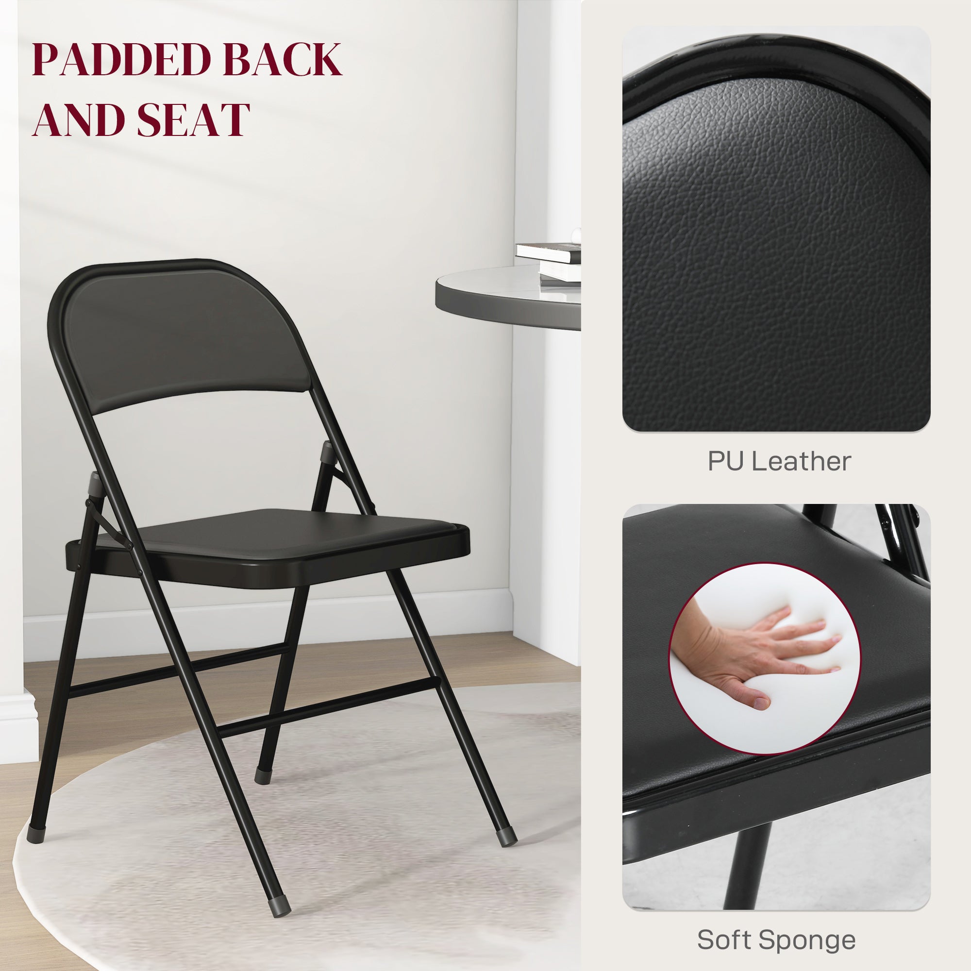 HOMCOM Set of 2 Metal Foldable Chairs, PU Leather Padded Folding Chairs with Cushion Seat and Open Back for Indoor, Black 