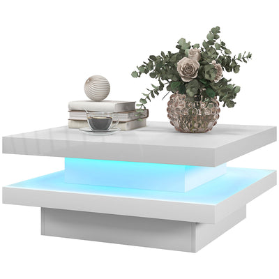 HOMCOM Square Coffee Table with 7 LED Lights and Remote, 2-Tier Modern Center Table for Living Room, White 