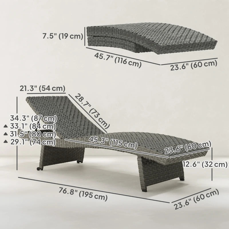 Patio Lounger, Folding Wicker Outdoor Chaise Lounge with 4-Level Adjustable Backrest, Grey