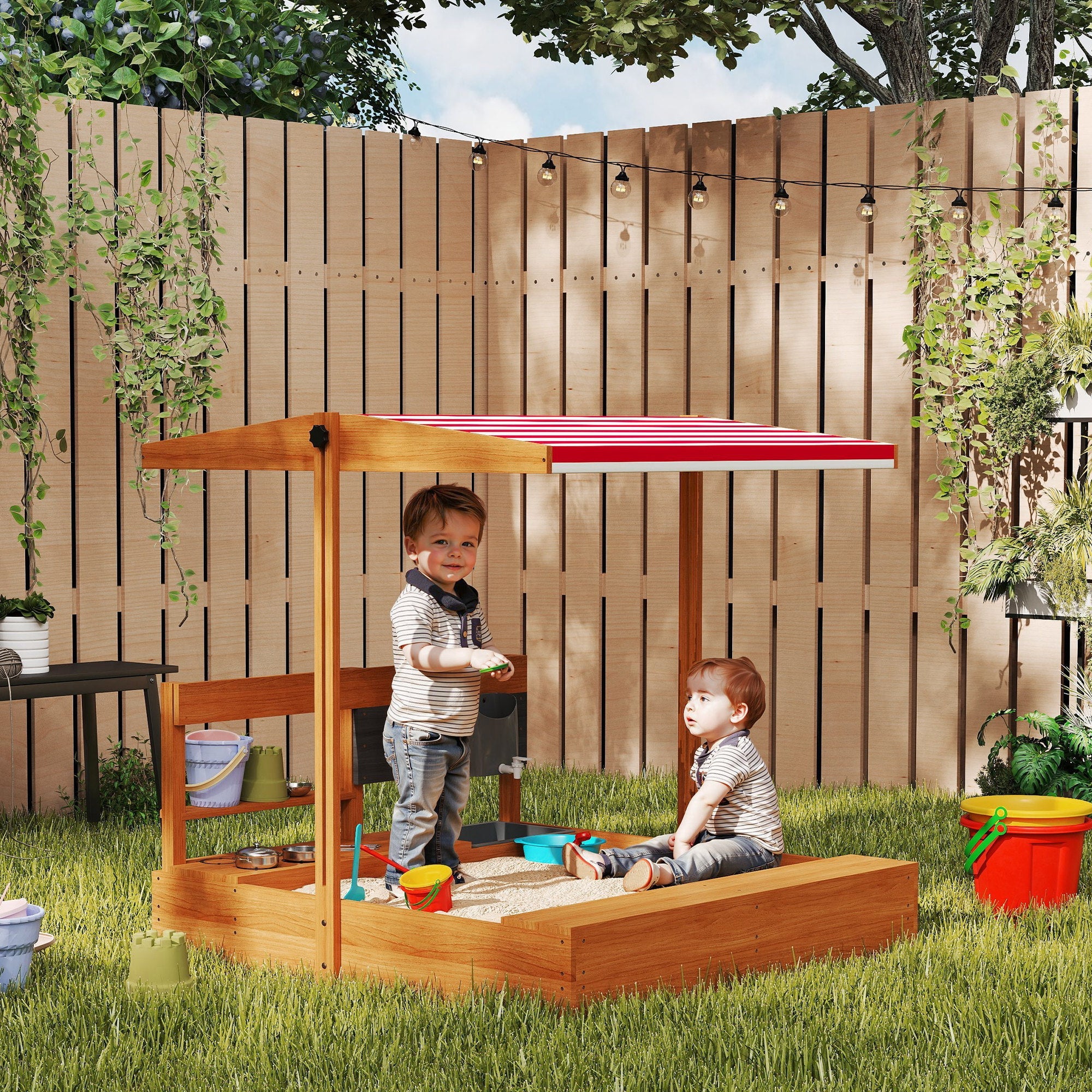 Outsunny Kids Sandbox with Cover Kitchen Playset Toys, Wooden Sand Box with Seat, Storage, for 3-7 Years Old, Red 