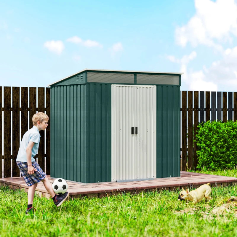 6.5x4FT Galvanised Metal Shed with Foundation Kit, Lockable Garden Tool Storage House with Sliding Doors, Vents, Green