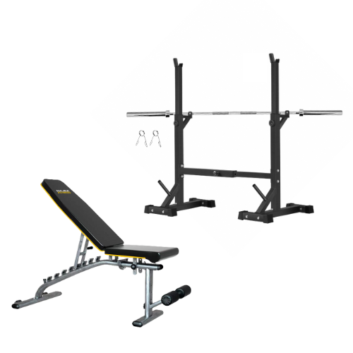 Squat Rack, Bench, Barbell & Weight Plates Stack 