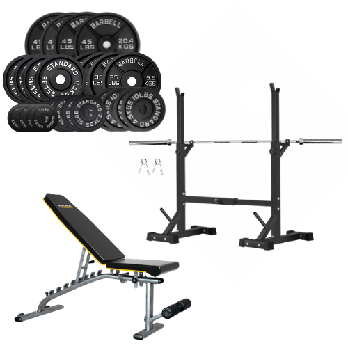 Squat Rack, Bench, Barbell & Weight Plates Stack 