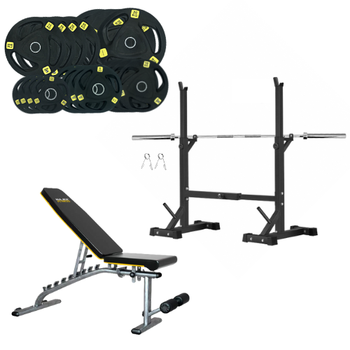 Squat Rack, Bench, Barbell & Weight Plates Stack 