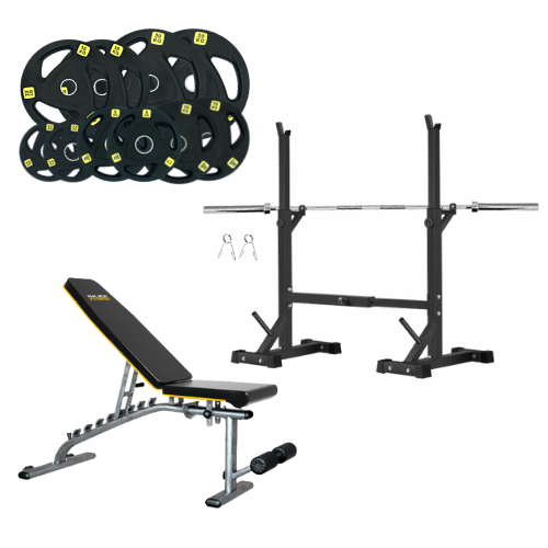 Squat Rack, Bench, Barbell & Weight Plates Stack 