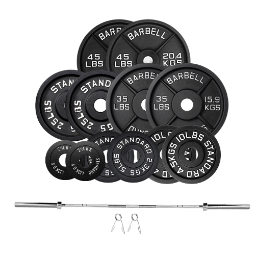 Squat Rack, Bench, Barbell & Weight Plates Stack 