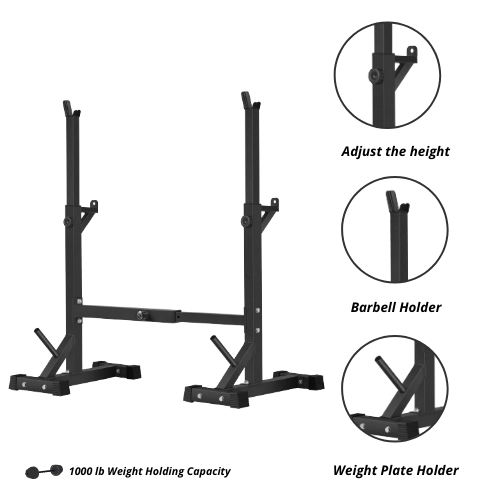 Squat Rack, Bench, Barbell & Weight Plates Stack 