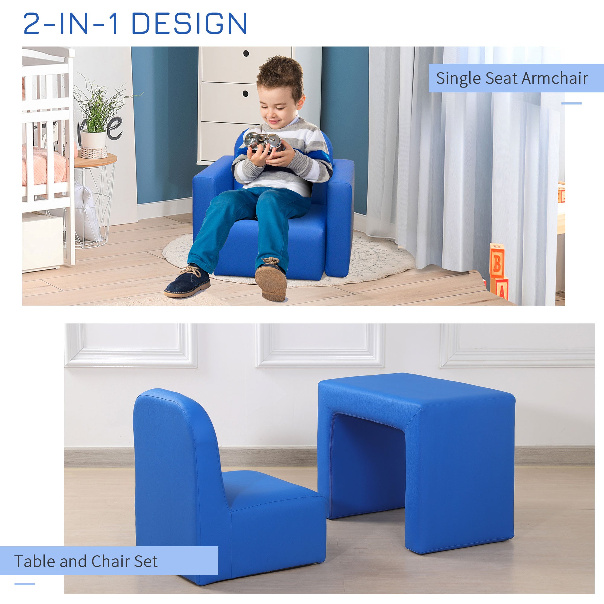 Qaba 2-in-1 Kids Convertible Table & Sofa Chair Set, Blue Multifunctional Toddler Armchair and Activity Couch 