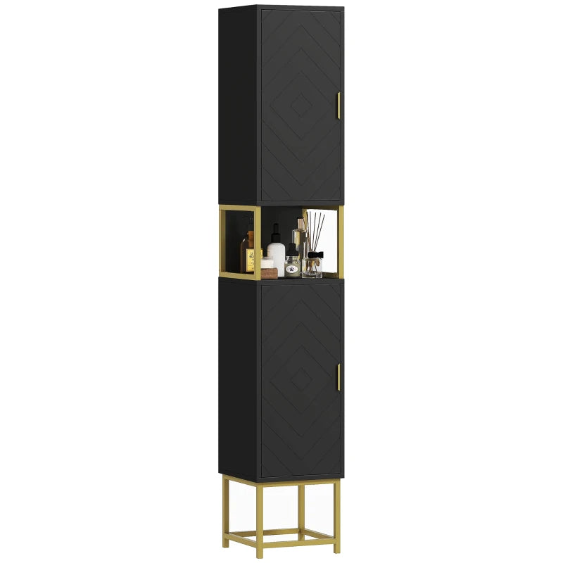 Tall Bathroom Storage Cabinet, Modern Narrow Bathroom Cabinet with Diamond Chevron Pattern and Adjustable Shelf, Black
