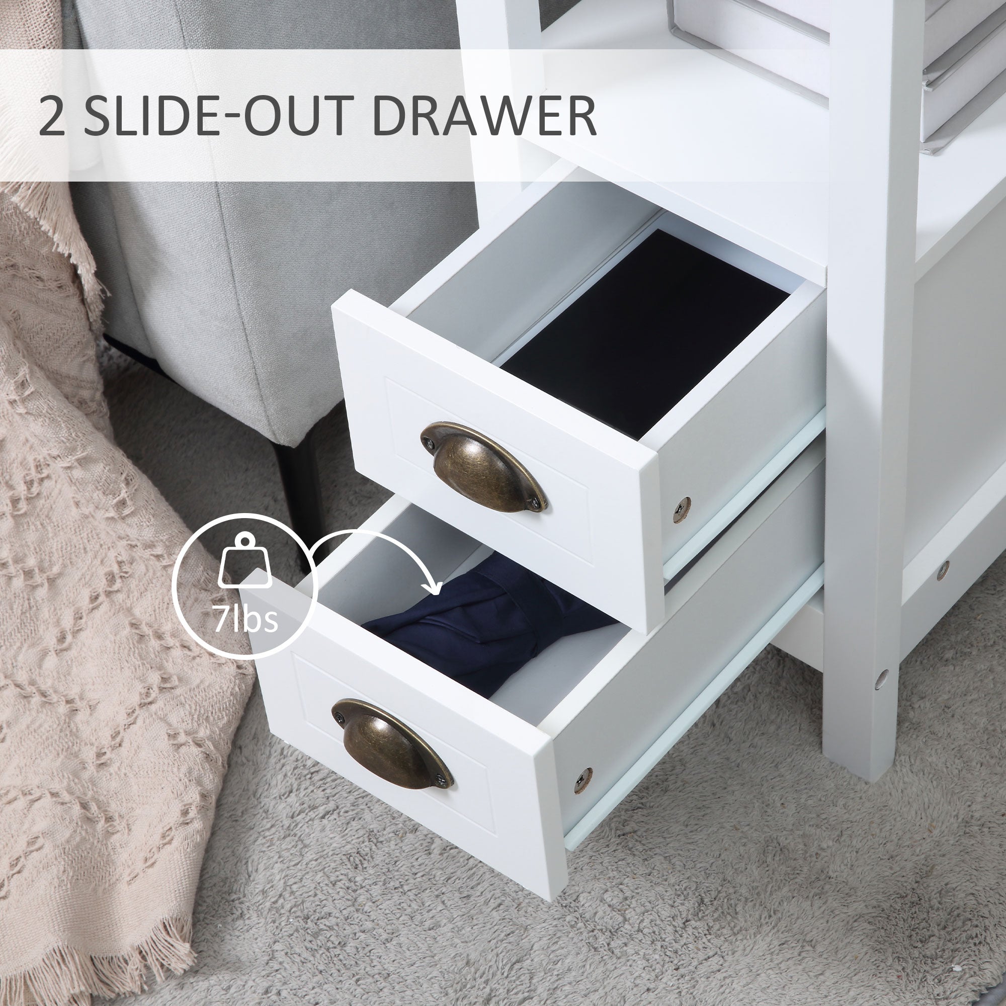 HOMCOM Slim End Table: White with 2 Drawers & Storage Shelf for Compact Living Room & Bedroom Spaces 