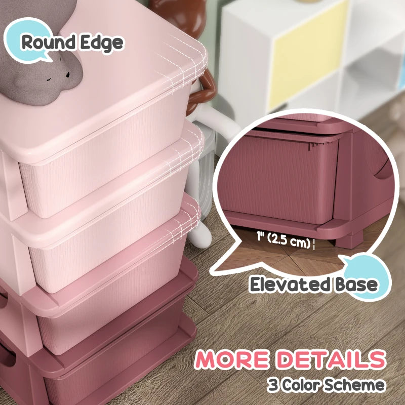 Qaba 4 Tier Kids Toy Organizer and Storage Bins with 4 Plastic Drawers, Pink