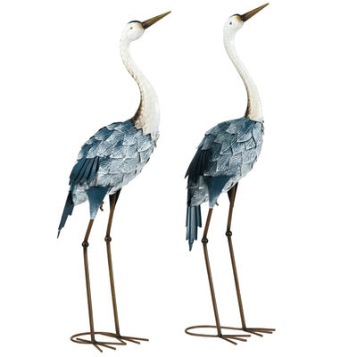 Outsunny Set of 2 Garden Sculptures Crane Statues Lawn Patio Backyard Ornaments, 28.5"-29.1", Blue 
