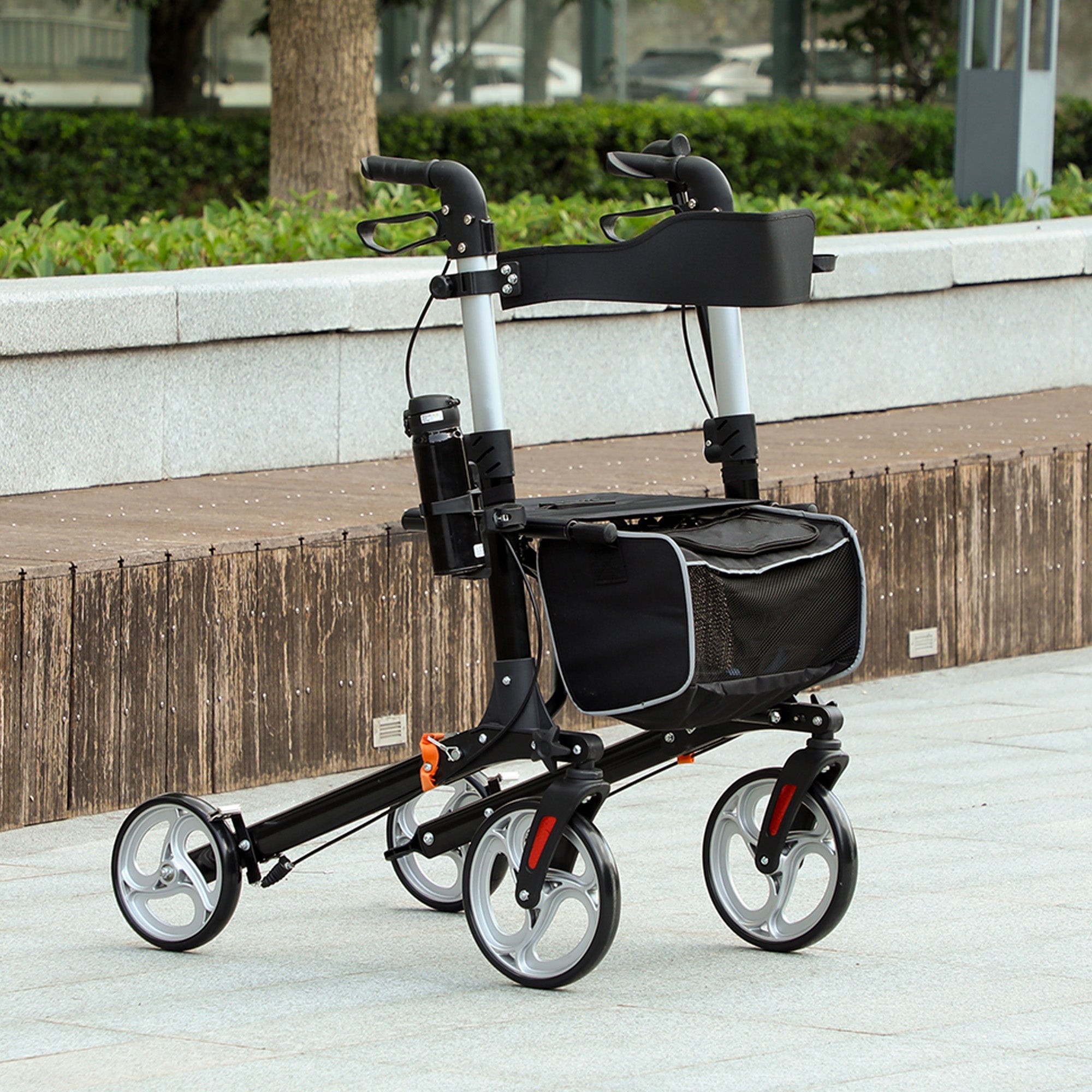 HOMCOM Lightweight Folding Rolling Walker with Large Seat, Back, Adjustable Handle, Bag, Dual Brake, Cane Holder, Black 