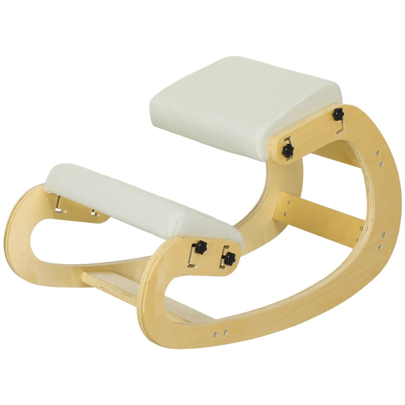 Ergonomic Kneeling Chair, Adjustable Rocking Wood Kneeling Stool, Desk Chair, Improve Posture, Cream White