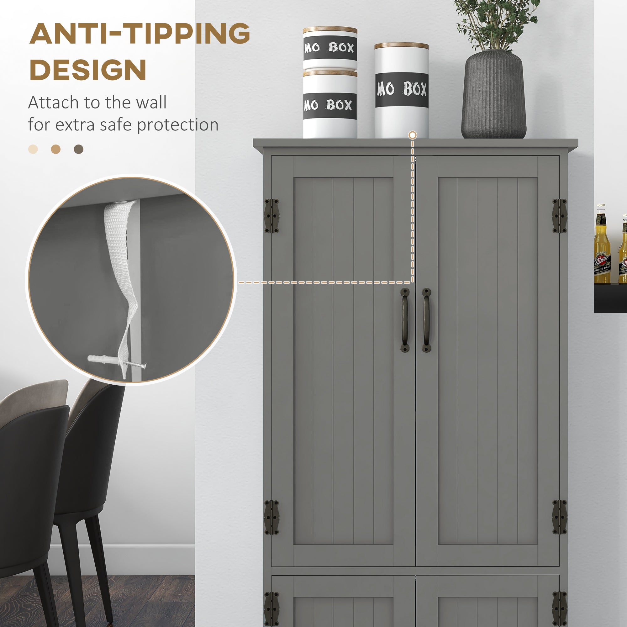 HOMCOM 4-Door Storage Cabinet Multi-Storey Large Space Pantry with Adjustable Shelves Grey 