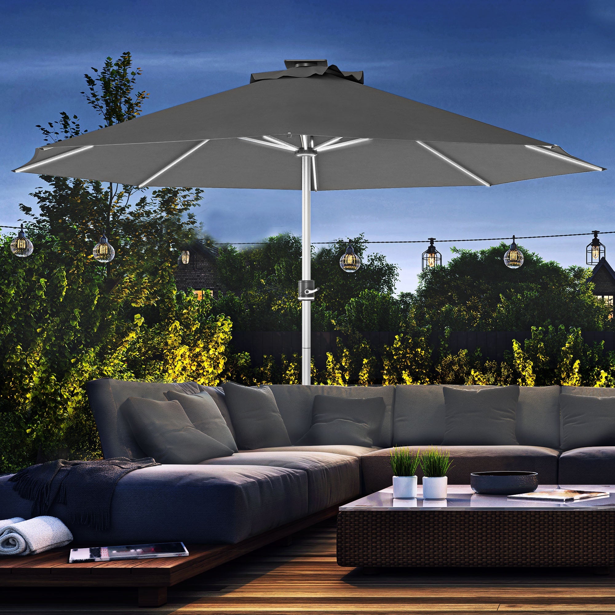 Outsunny LED Patio Umbrella, Lighted Deck Umbrella with 4 Lighting Modes, Solar & USB Charging, Charcoal Grey 