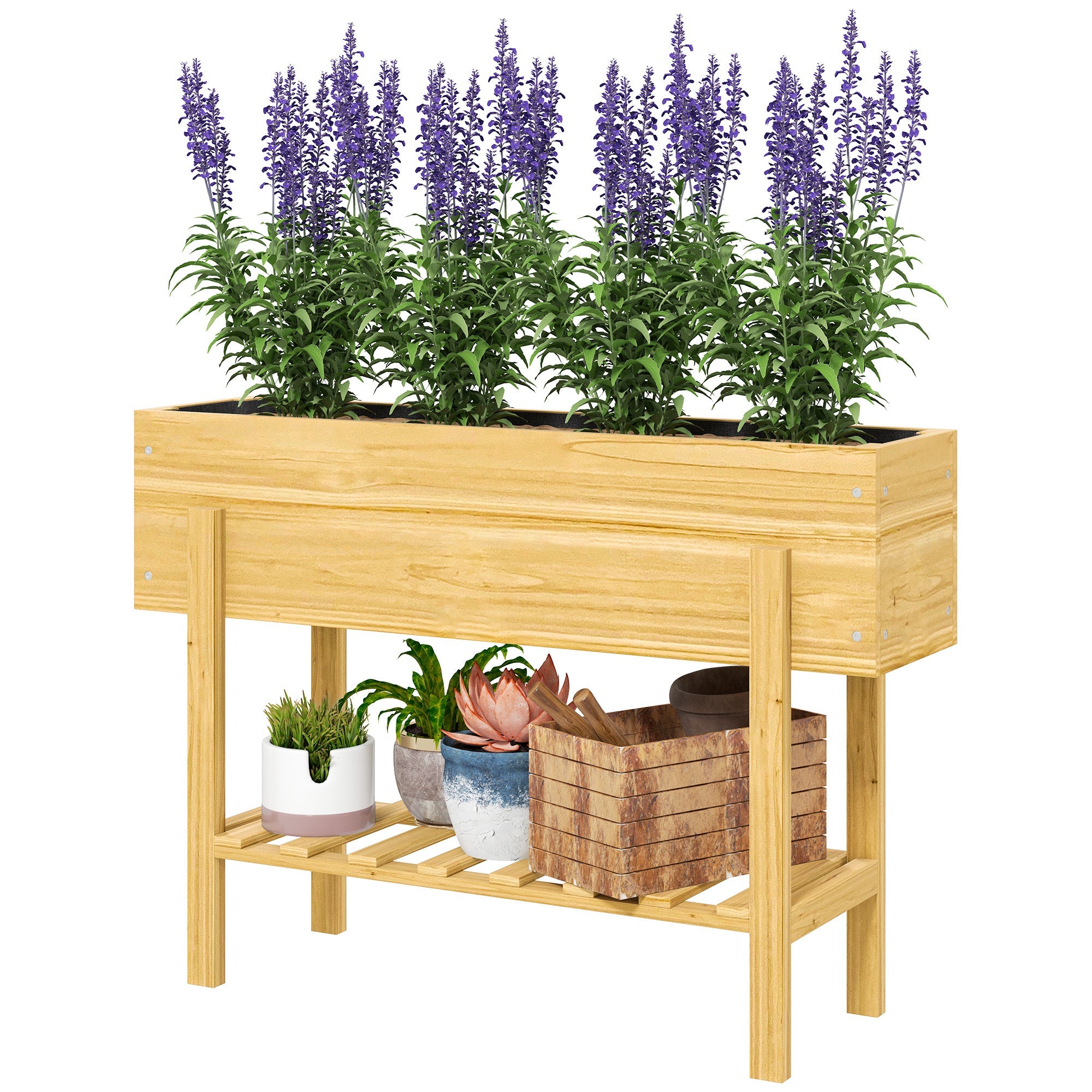 Outsunny Raised Planter Box, Elevated Wooden Garden Bed with Legs & Storage Shelf for Patio & Backyard, Natural Wood 