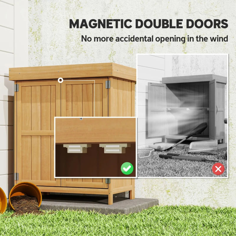 Wooden Garden Tool Storage Shed Kit with Hinged Roof, 2-Tier Shelves and Double Doors, 74x43x88cm, Natural Wood