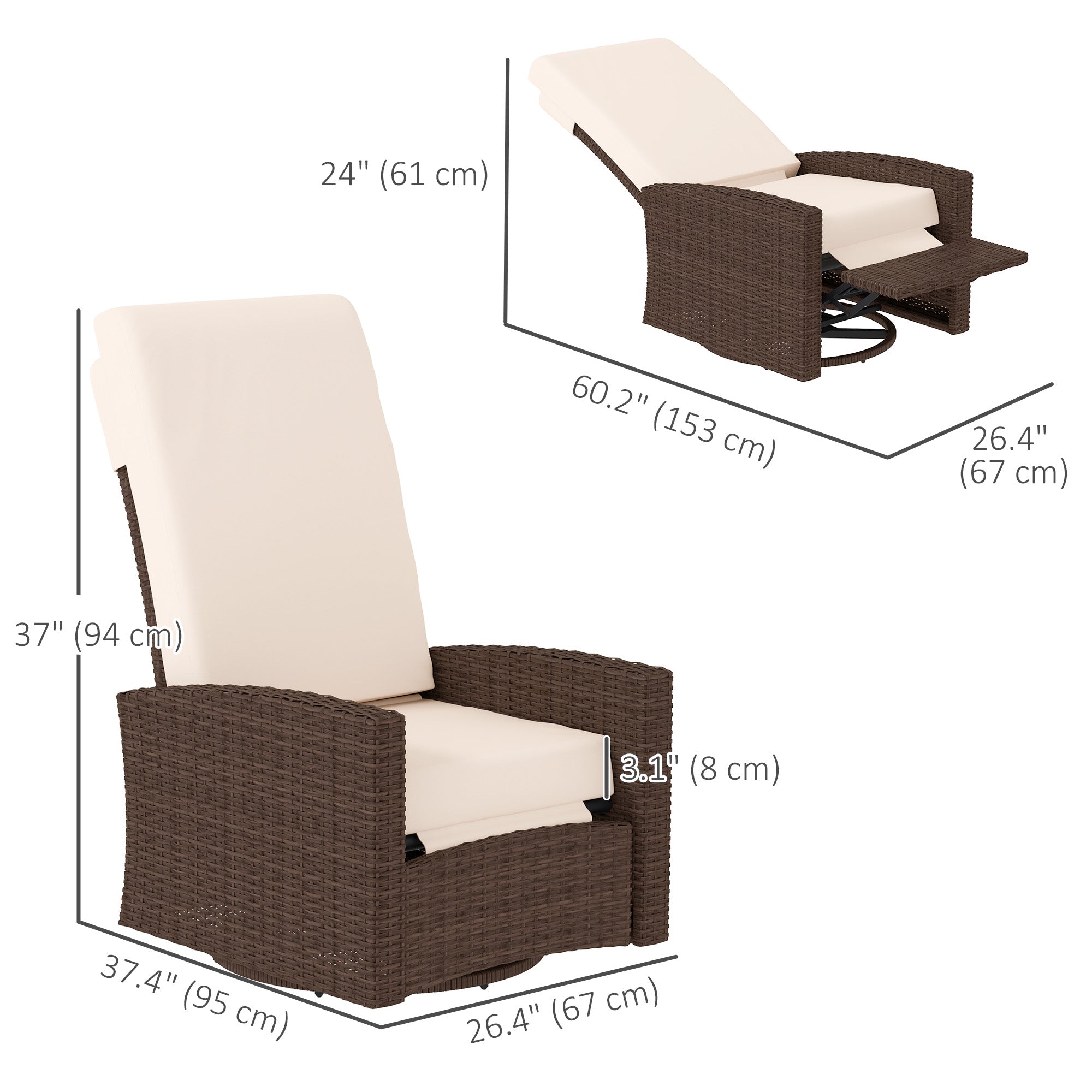 Outsunny Outdoor Rattan Wicker Lounge Chair with Footrest & Soft Cushion for Patio, Garden, Backyard, Cream White 