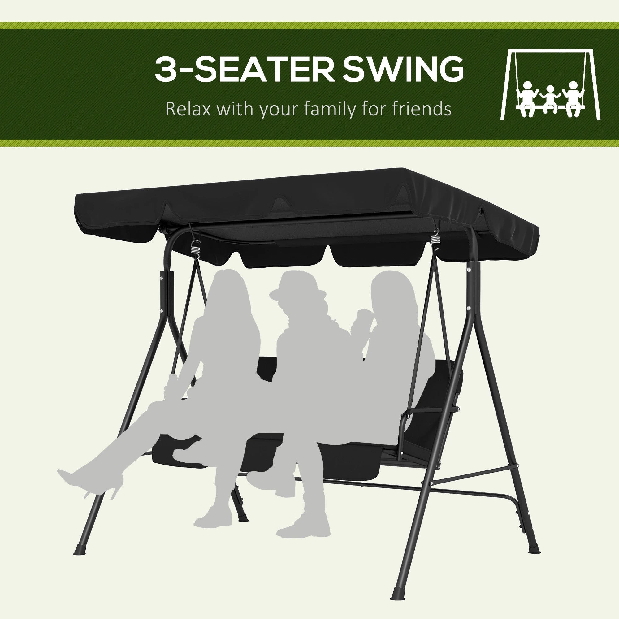Outsunny 3-Seater Outdoor Porch Swing with Adjustable Canopy, Patio Swing Chair for Garden, Poolside, Backyard, Black 