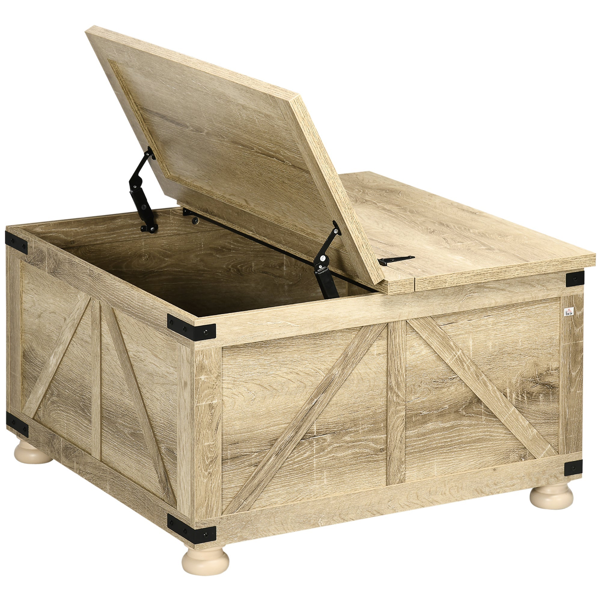 HOMCOM Oak Farmhouse Square Coffee Table: Center Table with Flip-Top Lids, Hidden Storage Compartment and Wooden Legs 
