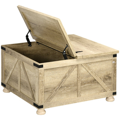HOMCOM Oak Farmhouse Square Coffee Table: Center Table with Flip-Top Lids, Hidden Storage Compartment and Wooden Legs 