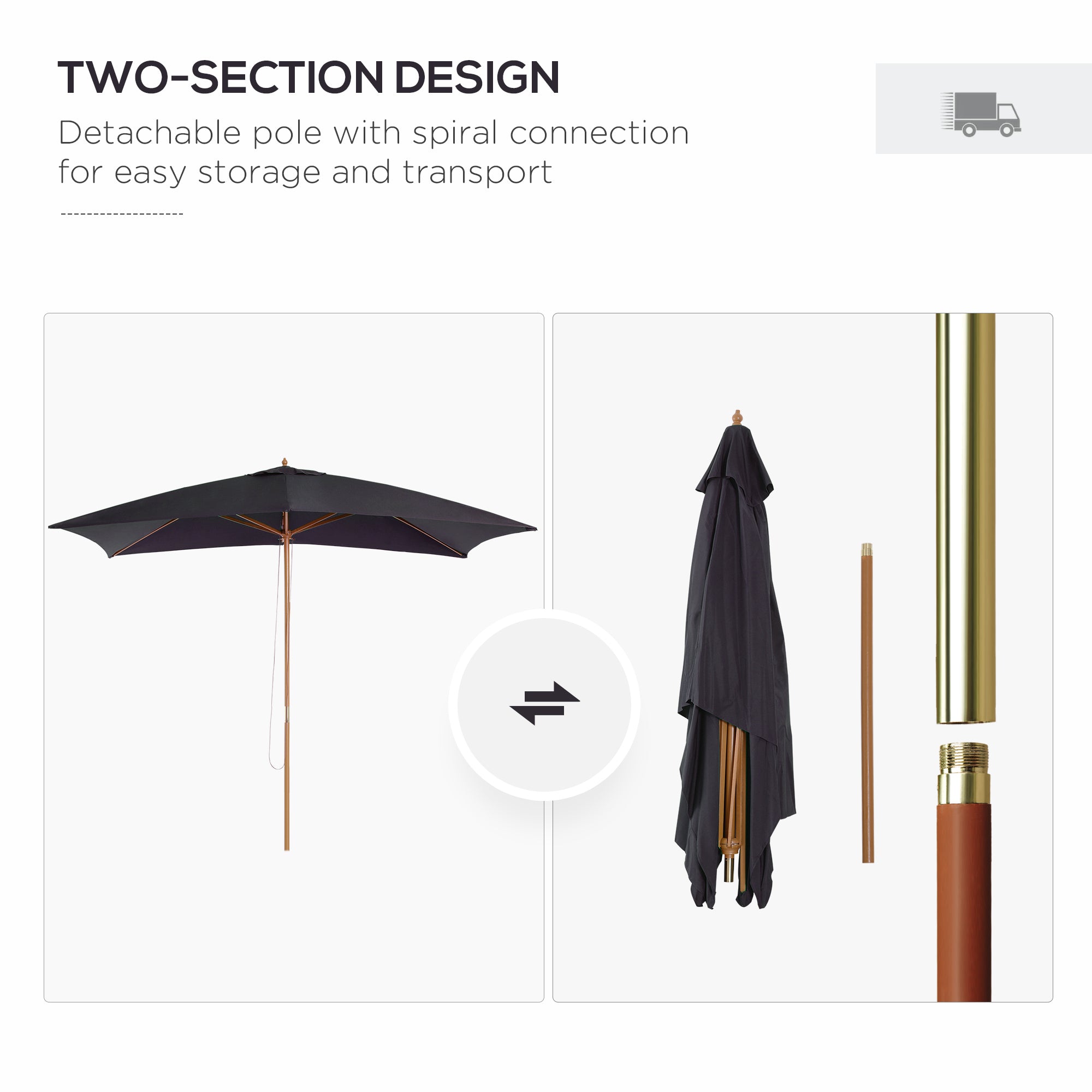 Outsunny 7x10FT Black Wooden Patio Umbrella Rectangle Garden Parasol Outdoor Sunshade Bamboo Ribs 