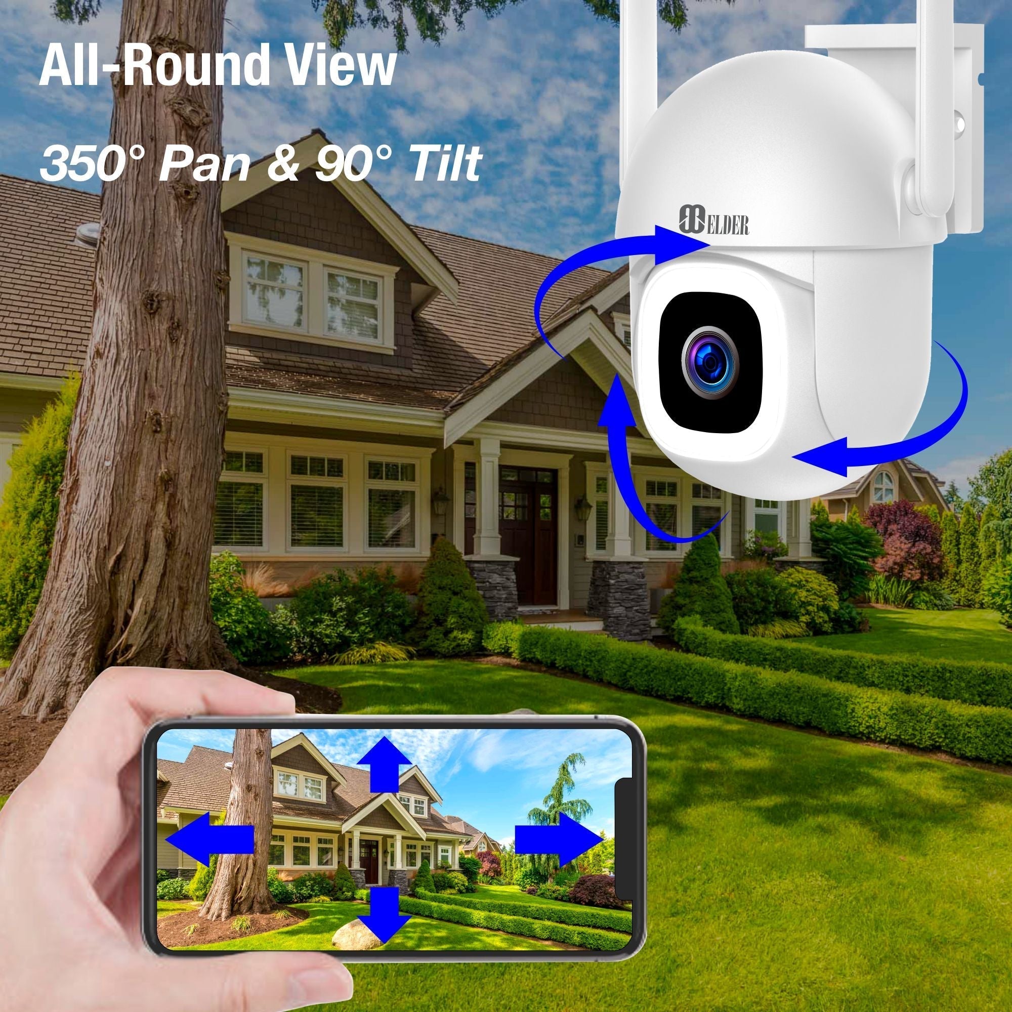 Elder WiFi Security Camera 2K+ Outdoor x2 Pack PTZ 64GB Semi Wireless, DIY Smart Home AI Human Motion, Spotlight Deterrence & Color Night Vision, Works with Hey Google & Alexa 