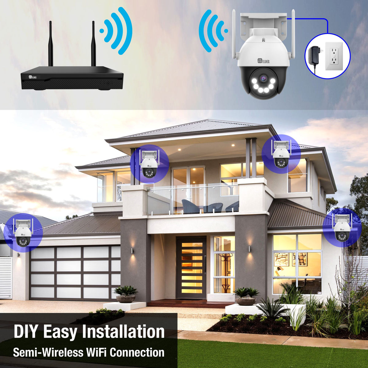 Elder WiFi PTZ Security Camera System, 4K NVR 8CH & Semi Wireless 5MP Cameras Outdoor Color Night Vision, Person Detection Smart Home Surveillance CCTV DIY 