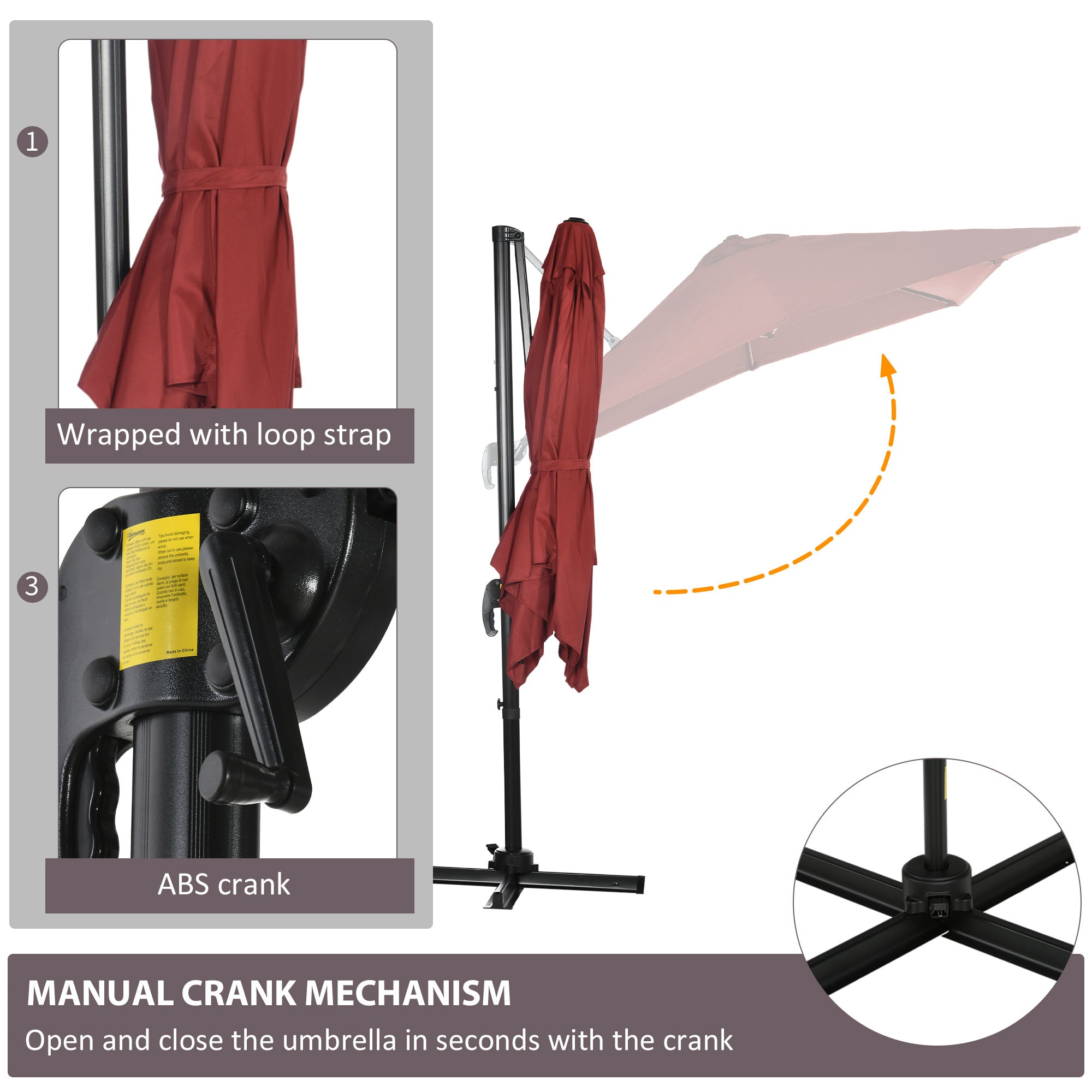 Outsunny Square Patio Hanging Offset Umbrella 8' x 8' Aluminum Cantilever Crank Market Parasol 360° Rotation Cross Base Wine Red 