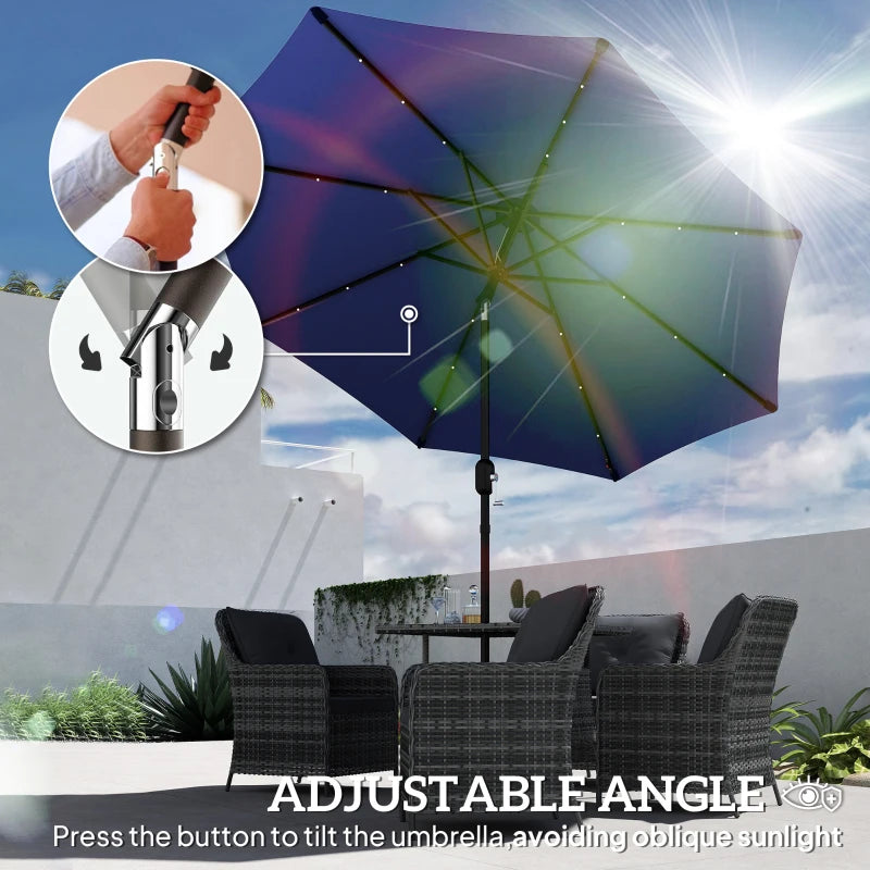 9ft Solar Patio Umbrella Outdoor Sunshade 24 LED Lights Tilt Canopy Navy Blue