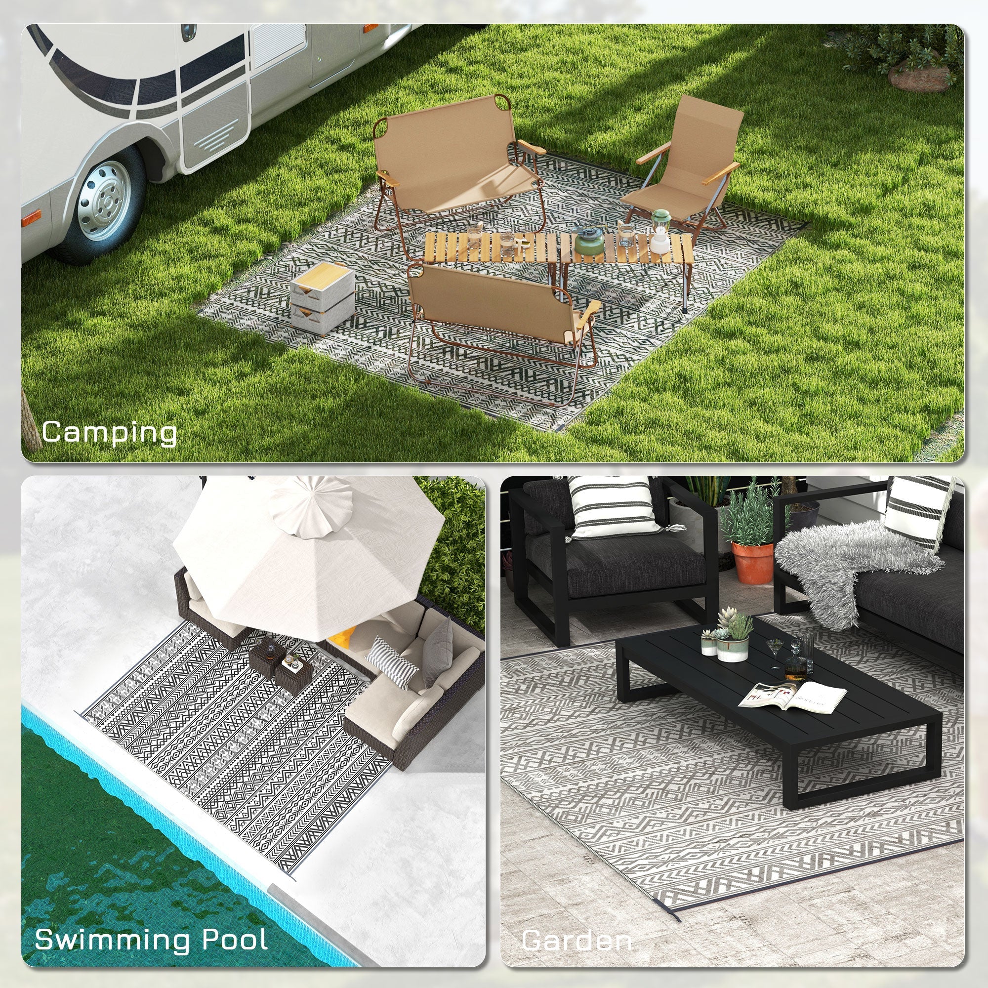 Outsunny 8x10ft Grey Cream White Boho Reversible Outdoor Rug Waterproof Plastic Straw with Carry Bag 